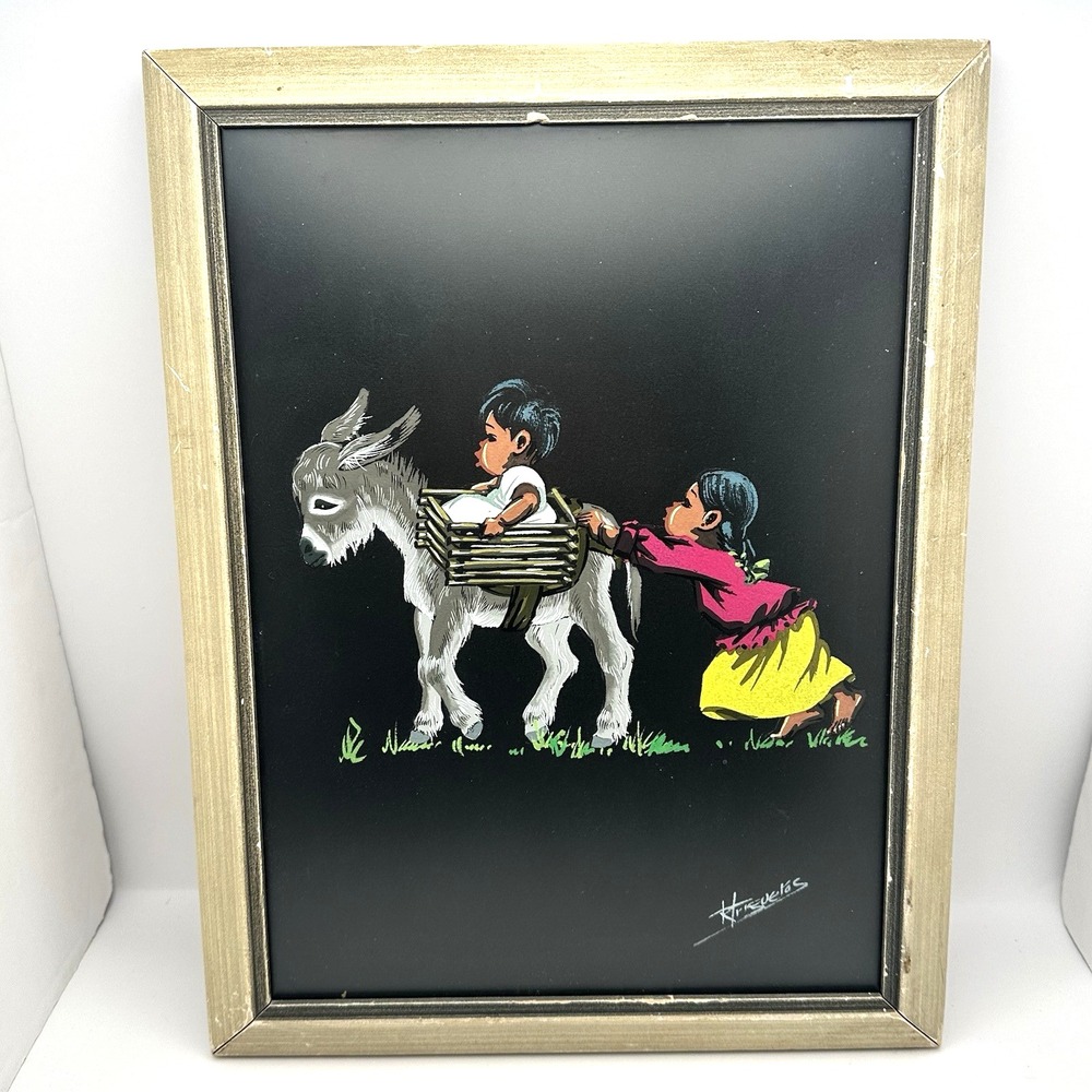 Ramiro Trigueros Signed Vintage Folk Art Donkey Children Framed 14.5x11